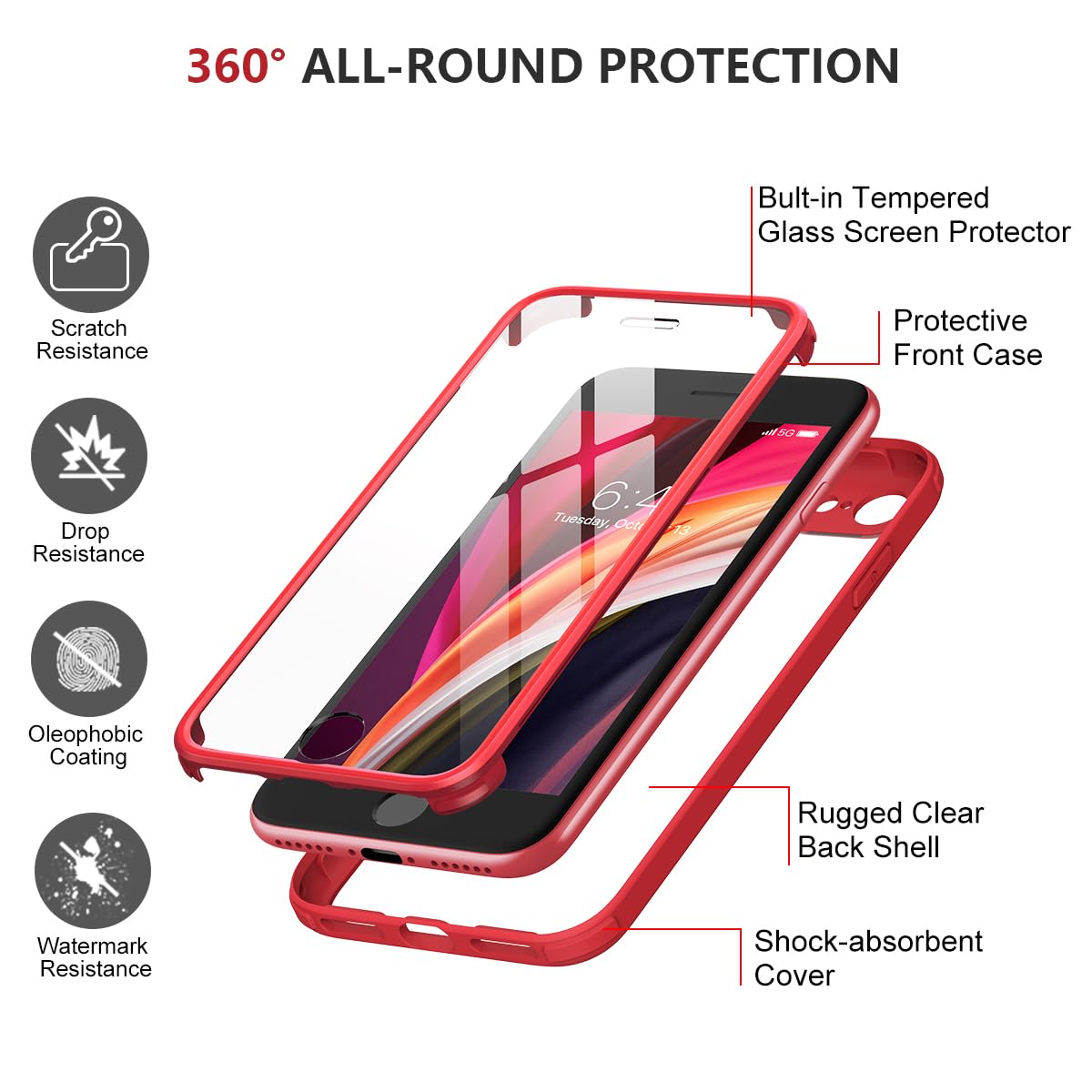 iPhone SE 2022 & 2020 Case, iPhone 8 Case [Built-in Glass Screen Protector] Military Grade Full Body 360 Shockproof Stylish Bumper Transparent Back Case Cover for iPhone SE 2020/ iPhone 8 (Red)