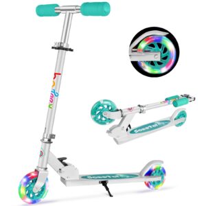 beleev v1 scooters for kids, 2 wheel folding kick scooter for girls boys, 3 adjustable height, light up wheels, lightweight push scooter with kickstand for children ages 3-12 (aqua)