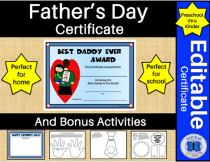 father's day certificate and activities for home or school preschool - kindergarten
