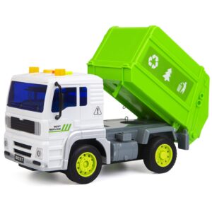 12" large recycling garbage truck toy with lights & sounds - friction powered realistic dump truck with pull-back tailgate, 4 trash bins & trash cards, birthday gift for boys aged 3-7