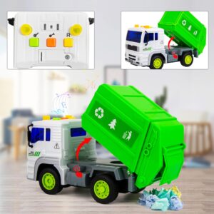 12" Large Recycling Garbage Truck Toy with Lights & Sounds - Friction Powered Realistic Dump Truck with Pull-Back Tailgate, 4 Trash Bins & Trash Cards, Birthday Gift for Boys Aged 3-7