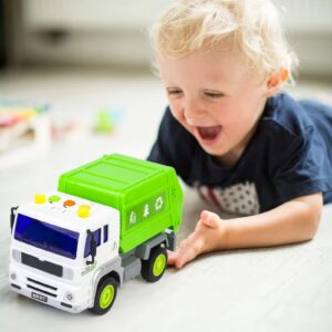 12" Large Recycling Garbage Truck Toy with Lights & Sounds - Friction Powered Realistic Dump Truck with Pull-Back Tailgate, 4 Trash Bins & Trash Cards, Birthday Gift for Boys Aged 3-7