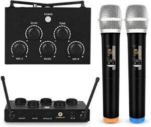 portable karaoke microphone mixer system set with dual uhf wireless mic, 3.5mm aux/optical/coaxial in singing receiver for ktv, amplifier, speaker