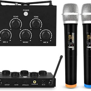 Portable Karaoke Microphone Mixer System Set with Dual UHF Wireless Mic, 3.5mm AUX/Optical/Coaxial in Singing Receiver for KTV, Amplifier, Speaker