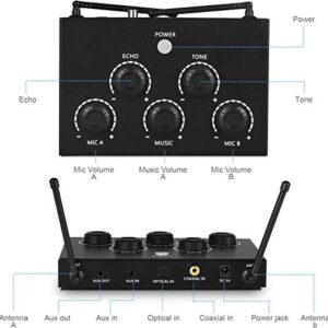 Portable Karaoke Microphone Mixer System Set with Dual UHF Wireless Mic, 3.5mm AUX/Optical/Coaxial in Singing Receiver for KTV, Amplifier, Speaker