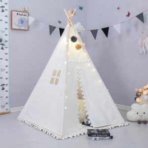 Teepee Tent for Kids with Padded Mat, Foldable Play Tent with Carry Bag for Indoor Outdoor, Pompom Lace Cotton Canvas Playhouse Tipi for Girls Boys