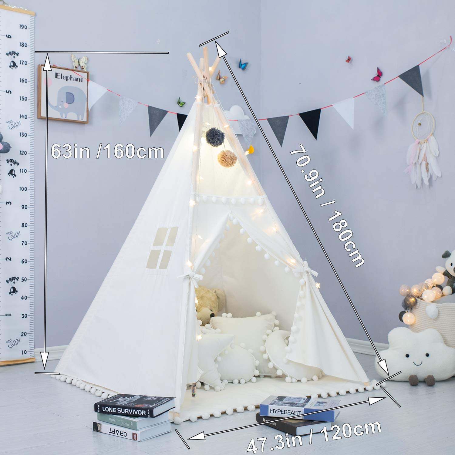 Teepee Tent for Kids with Padded Mat, Foldable Play Tent with Carry Bag for Indoor Outdoor, Pompom Lace Cotton Canvas Playhouse Tipi for Girls Boys