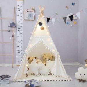 Teepee Tent for Kids with Padded Mat, Foldable Play Tent with Carry Bag for Indoor Outdoor, Pompom Lace Cotton Canvas Playhouse Tipi for Girls Boys