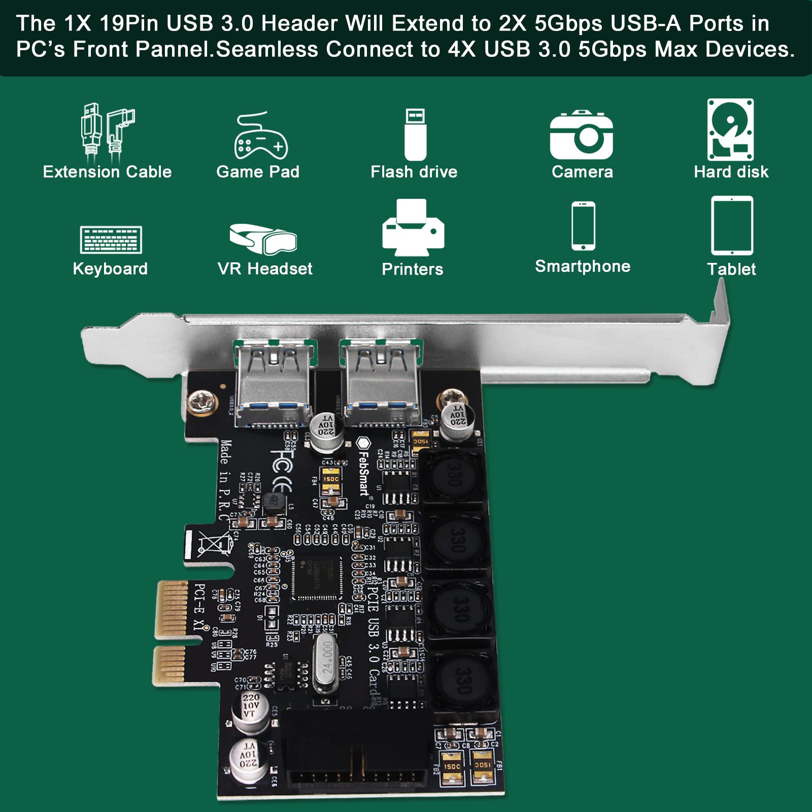 FebSmart 1X 19Pin USB 3.0 Header and 2X USB-A Ports PCIE USB 3.0 5Gbps Expansion Card for Windows and Linux Desktop PCs, Built in Self-Powered Technology, No Need Additional Power Supply (FS-HA-Pro)