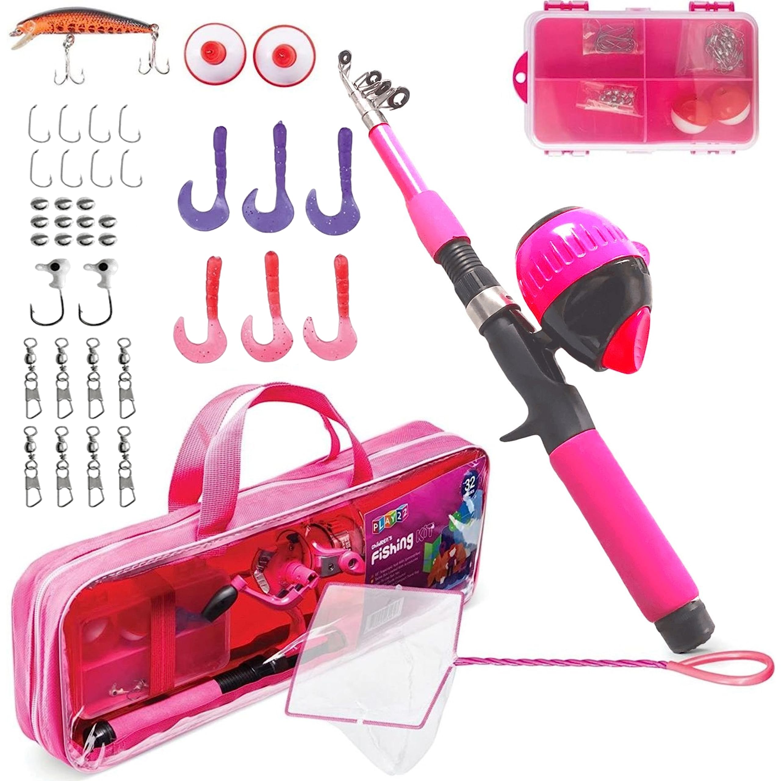 Play22 Kids Fishing Pole Pink - 40 Pc Kids Fishing Rod and Reel Combos - Fishing Poles for Youth Kids Includes Fishing Tackle, Fishing Gear, Fishing Lures, Net, Carry On Bag, Fully Fishing Equipment