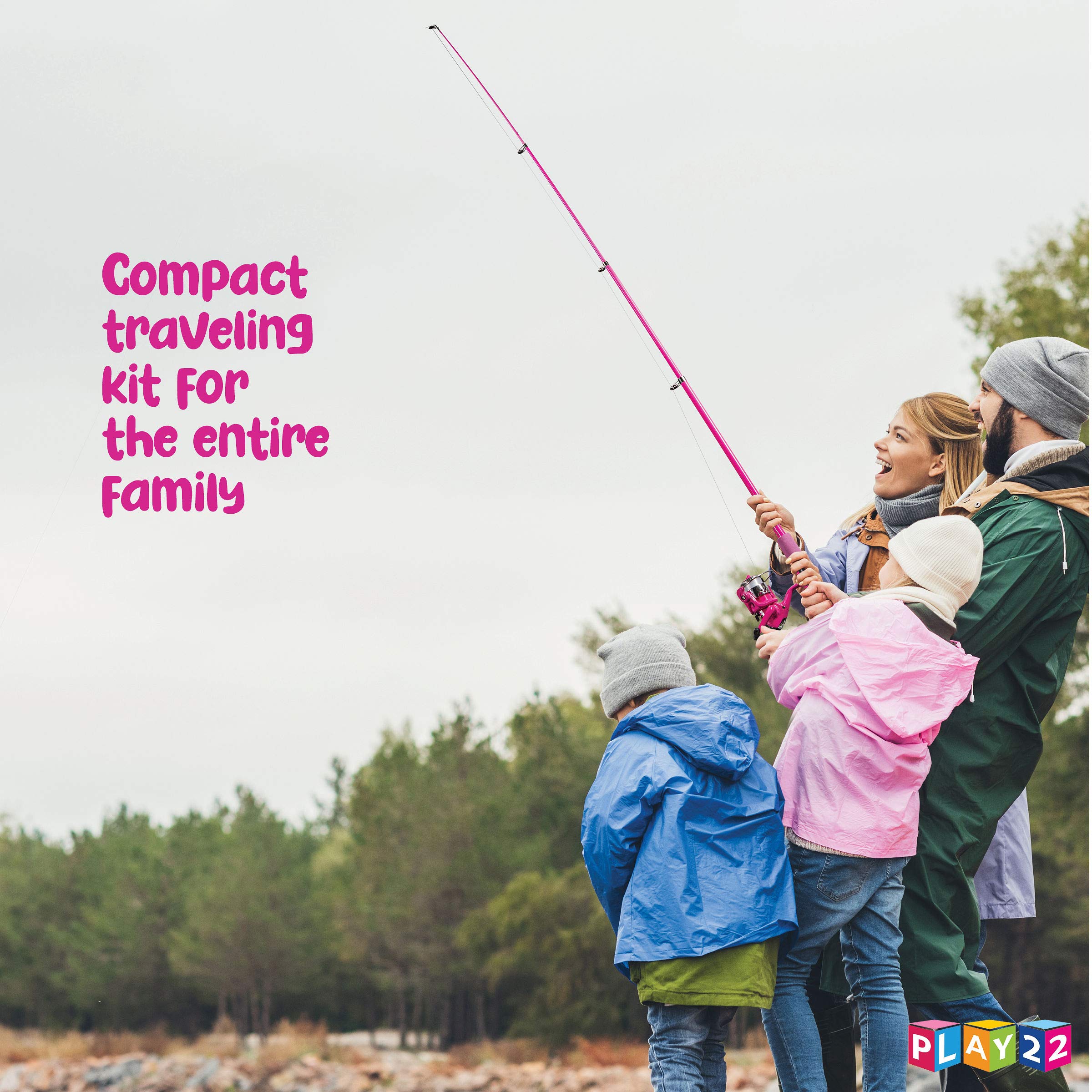 Play22 Kids Fishing Pole Pink - 40 Pc Kids Fishing Rod and Reel Combos - Fishing Poles for Youth Kids Includes Fishing Tackle, Fishing Gear, Fishing Lures, Net, Carry On Bag, Fully Fishing Equipment