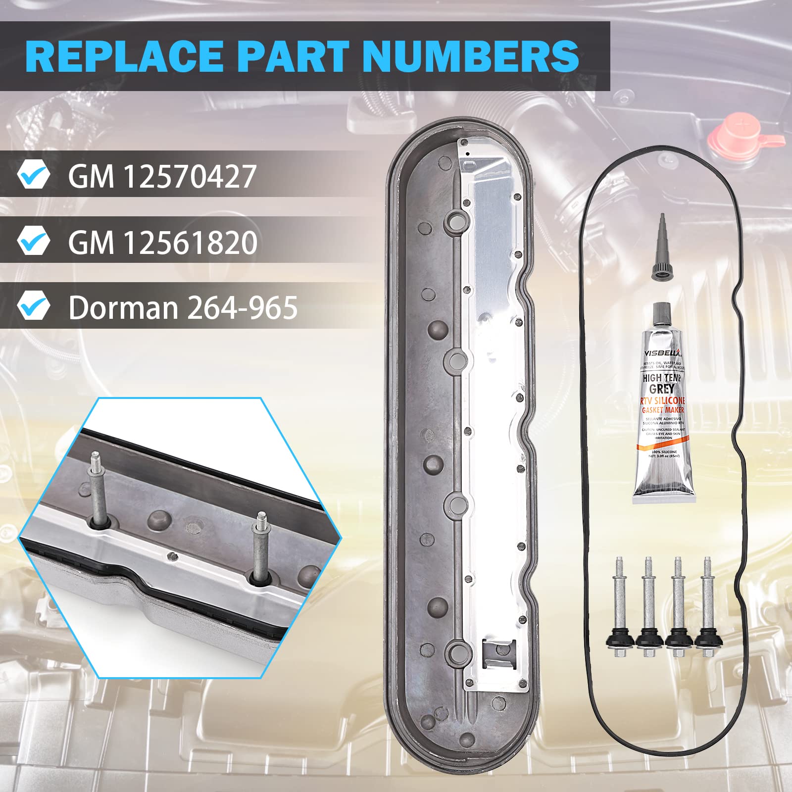 Valve Cover with Gaskets - Compatible with 1999-2010 4.8L, 5.3L, 5.7L, 6.0L, 6.2L Chevy Silverado, Suburban, Tahoe, Trailblazer, GMC Sierra, Yukon, Cadillac Escalade - Replace 12570427 264-965