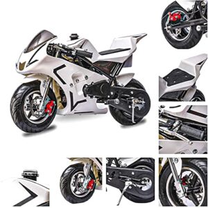 FRP 50cc 2-Stroke Pocket Bike 03, EPA Approved Gas Pocket Bike for Kids W/Strong Dual Brake, Realistic Racing Pocket Rocket Max Speed 20 Mph, Mini Bike Max Weight 165 LB-Ultra Edition (White)