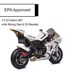 FRP 50cc 2-Stroke Pocket Bike 03, EPA Approved Gas Pocket Bike for Kids W/Strong Dual Brake, Realistic Racing Pocket Rocket Max Speed 20 Mph, Mini Bike Max Weight 165 LB-Ultra Edition (White)