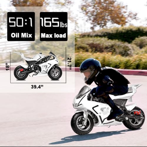 FRP 50cc 2-Stroke Pocket Bike 03, EPA Approved Gas Pocket Bike for Kids W/Strong Dual Brake, Realistic Racing Pocket Rocket Max Speed 20 Mph, Mini Bike Max Weight 165 LB-Ultra Edition (White)