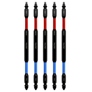 PHLiPBiT - Double-End, Impact Rated Screwdriver Power Bit, IRPB6SQPH2-5, SQ2+PH2, 6 INCH, 5pk. (SQ2 Red drives #8/10 Square + PH2 Blue drives #8/10 Phillips Screw)