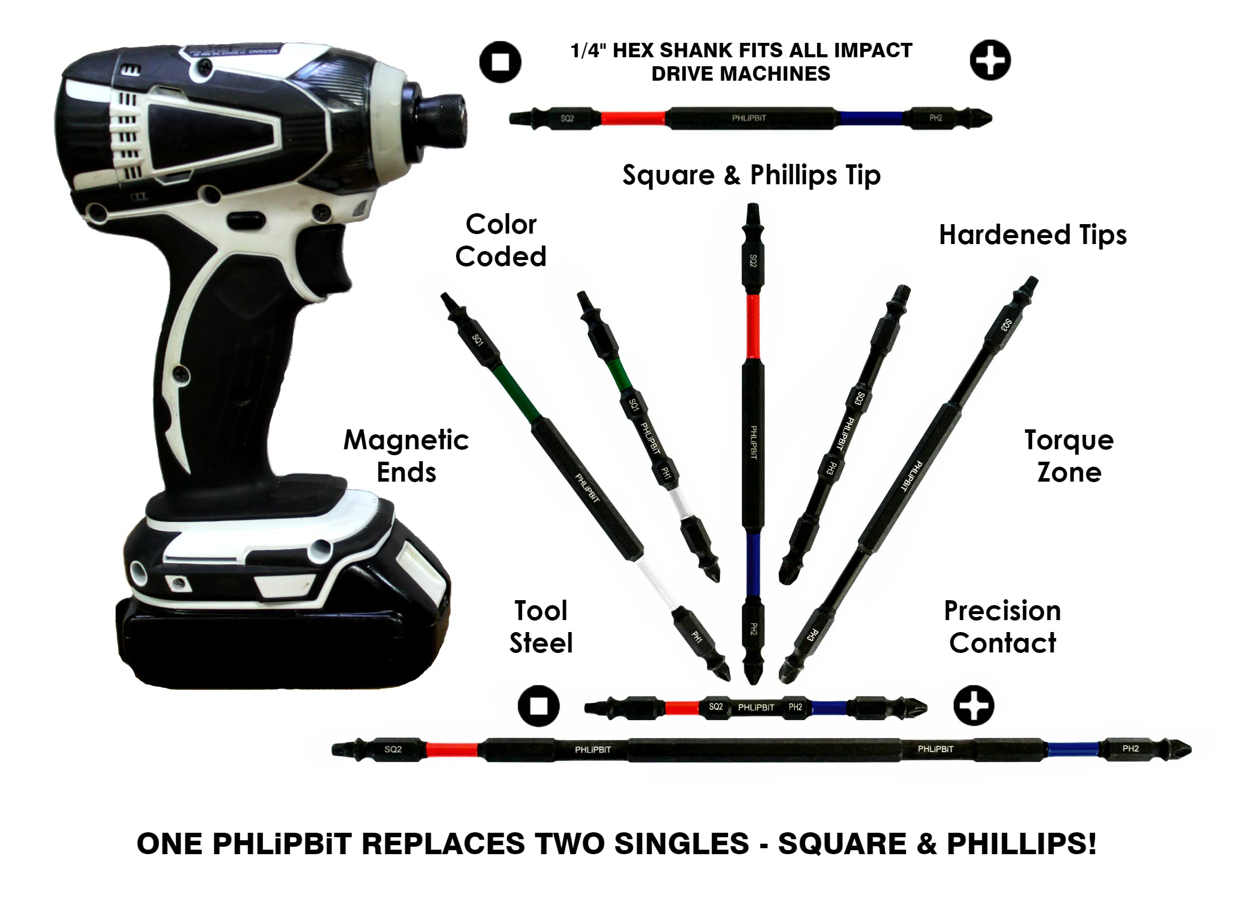 PHLiPBiT - Double-End, Impact Rated Screwdriver Power Bit, IRPB6SQPH2-5, SQ2+PH2, 6 INCH, 5pk. (SQ2 Red drives #8/10 Square + PH2 Blue drives #8/10 Phillips Screw)