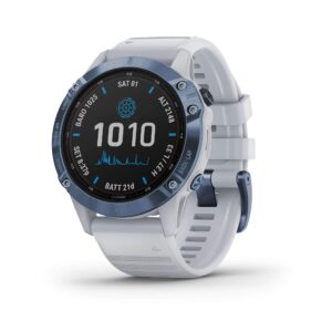 garmin fenix 6 pro solar, multisport gps watch with solar charging capabilities, advanced training features and data, mineral blue with white band