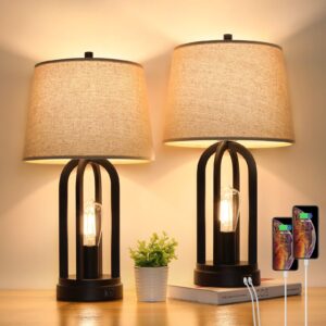 touch bedside table lamps with rotary switch set of 2, 3-way dimmable bedroom living room lamps with usb charging ports, industrial nightstand lamp with fabric lampshade for reading, bulbs included