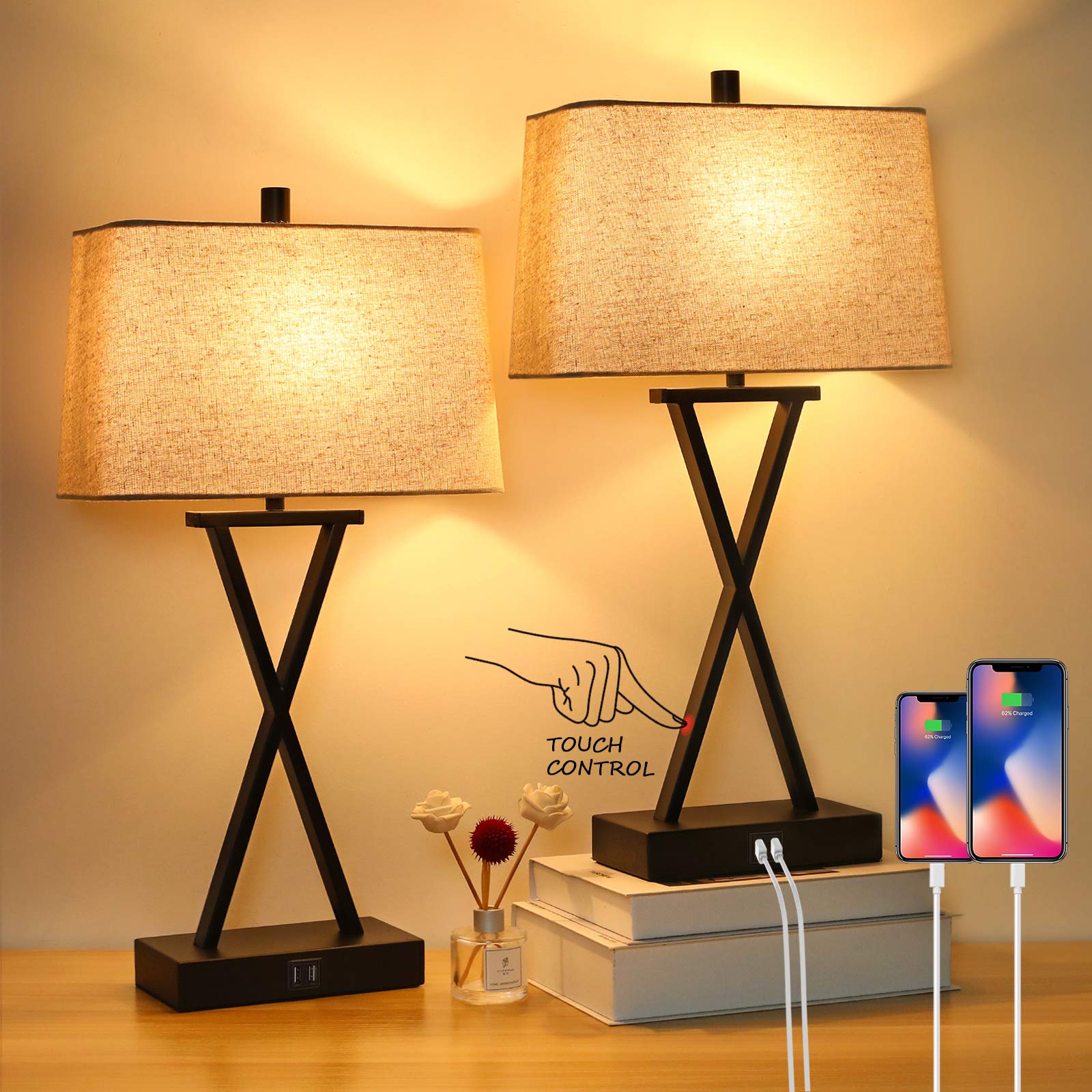 Set of 2 Touch Control 3-Way Dimmable Table Lamp Modern Nightstand Lamp with 2 USB Port Bedside Desk Lamp with Fabric Shade for Living Room Bedroom Hotel, Cream, Bulbs Included