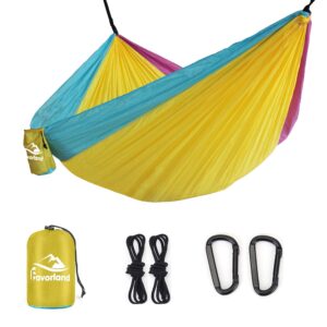 favorland camping hammock double & single with tree straps for hiking, backpacking, travel, beach, yard - 2 persons outdoor indoor lightweight & portable with straps & steel carabiners nylon(yellow)
