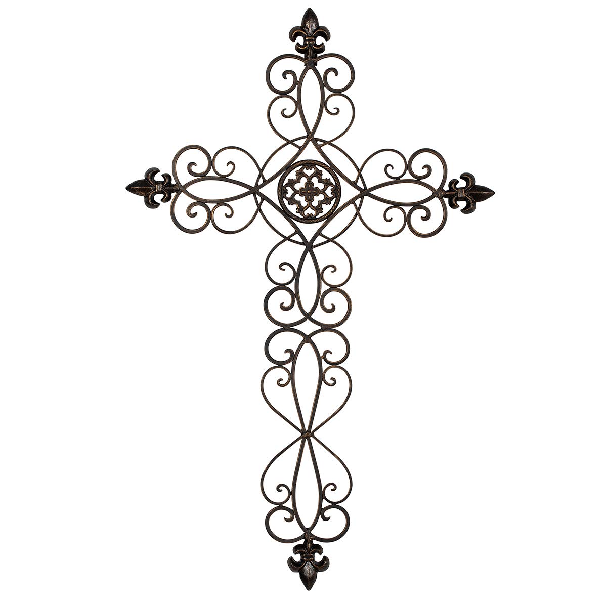 Retrome 28" H Metal Cross Wall Decor for Home, Fleur-De-Lis Accents, Dark Bronze