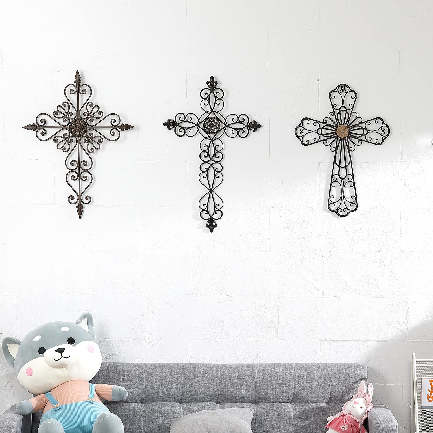 Retrome 28" H Metal Cross Wall Decor for Home, Fleur-De-Lis Accents, Dark Bronze