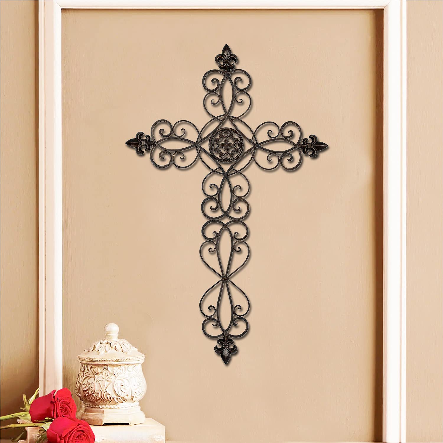 Retrome 28" H Metal Cross Wall Decor for Home, Fleur-De-Lis Accents, Dark Bronze