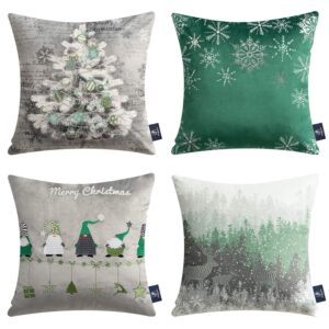 phantoscope pack of 4 merry christmas decorative velvet embroidery throw pillow cover with snowflake, trees, elves, elk cushion covers for xmas couch sofa, green and grey, 18 x 18 inches, 45 x 45cm