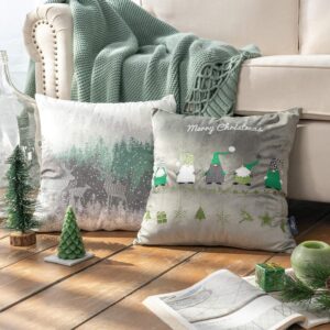 Phantoscope Pack of 4 Merry Christmas Decorative Velvet Embroidery Throw Pillow Cover with Snowflake, Trees, Elves, Elk Cushion Covers for Xmas Couch Sofa, Green and Grey, 18 x 18 inches, 45 x 45cm