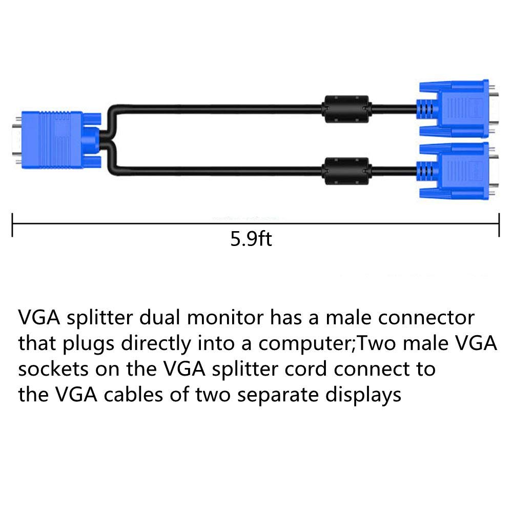 VGA SVGA HD Cable Male-to-Male Video Cable one-to-Two Split Screen Supports 1080P Full HD, Suitable for projectors, HDTVs, Monitors etc. 5.9ft ITOSAYDE