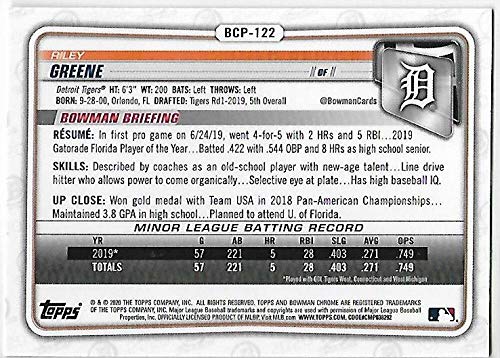 2020 Bowman Chrome Prospects #BCP-122 Riley Greene RC Rookie Detroit Tigers MLB Baseball Trading Card