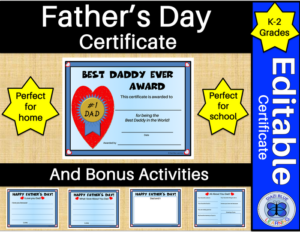 fathers day certificate and activities for home or school k-2
