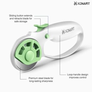 XINART 45mm Rotary Cutter for Fabric Safety Lock Ergonomic Classic Comfort Loop Fabric Small Rotary Cutter for Sewing Quilting Crafting (Extra 2pcs Replacement Blades Included)-Green