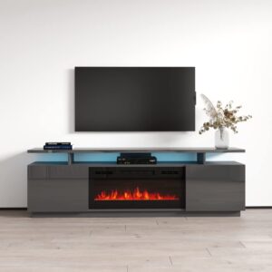 eva-kbl fireplace tv stand for tvs up to 80", modern high gloss 71" entertainment center, electric fireplace tv media console with storage cabinets and led lights
