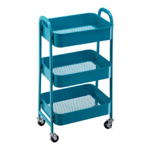 agtek makeup cart, movable rolling organizer cart, 3 tier metal utility cart, peacock blue storage cart