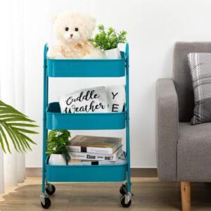 AGTEK Makeup Cart, Movable Rolling Organizer Cart, 3 Tier Metal Utility Cart, Peacock Blue Storage Cart