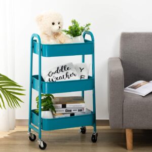 AGTEK Makeup Cart, Movable Rolling Organizer Cart, 3 Tier Metal Utility Cart, Peacock Blue Storage Cart