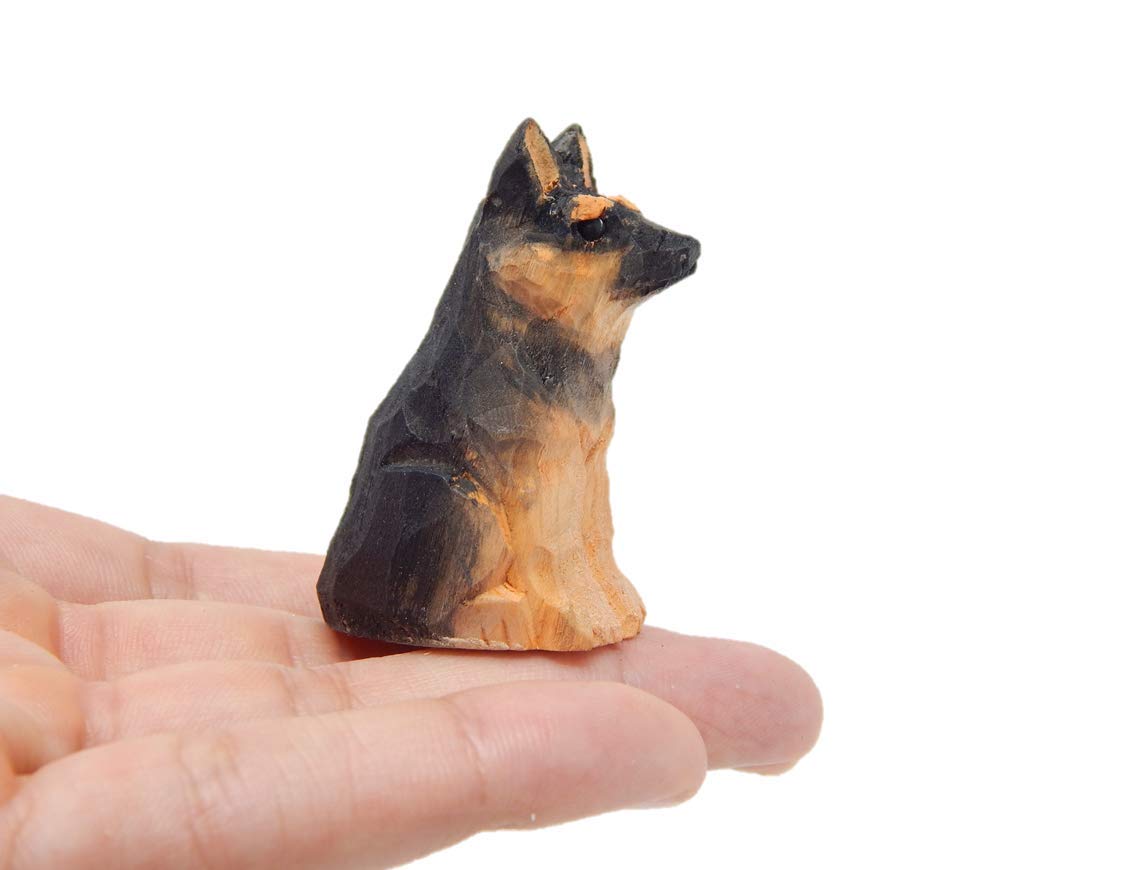 Hand Carved Wooden German Shepherd Figurine - Miniature Dog Sculpture for Home Decor, Small Animal Statue, Garden Ornament Pet Lover Enthusiast Collectible