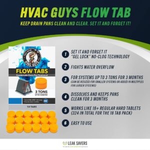 HVAC Guys Flow Tabs with Gel Lock Technology - 18 Pack - Keeps Drain Pans Clean, Prevents Overflow, 3 Ton Tab Lasts up to 3 Months - 1 Tab is equal to 18 Regular Tablets (324 total) - Made in the USA