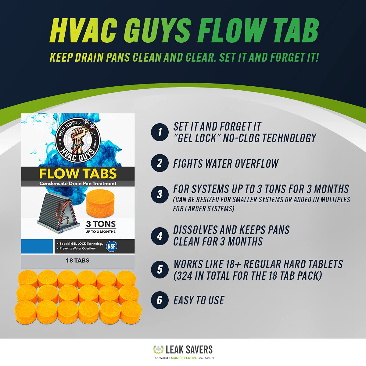 HVAC Guys Flow Tabs with Gel Lock Technology - 18 Pack - Keeps Drain Pans Clean, Prevents Overflow, 3 Ton Tab Lasts up to 3 Months - 1 Tab is equal to 18 Regular Tablets (324 total) - Made in the USA