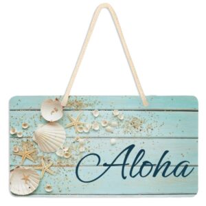 naanle aloha door sign plaque with rope, wooden seashell hanging sign wall art for entrance porch front home garden office business outdoor decor 6 x 11 inches
