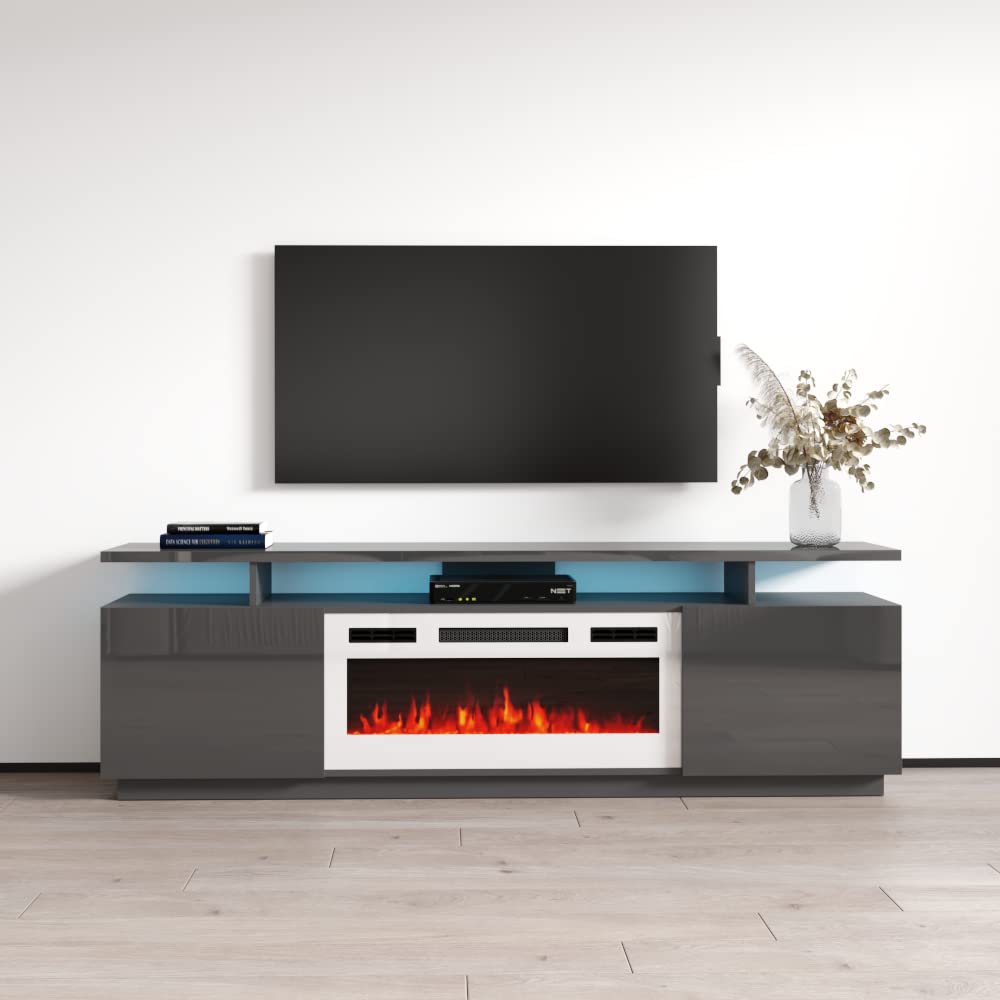 Eva-KWH Fireplace TV Stand for TVs up to 80", Modern High Gloss 71" Entertainment Center, Electric Fireplace TV Media Console with Storage Cabinets and LED Lights