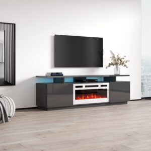 Eva-KWH Fireplace TV Stand for TVs up to 80", Modern High Gloss 71" Entertainment Center, Electric Fireplace TV Media Console with Storage Cabinets and LED Lights