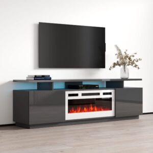 Eva-KWH Fireplace TV Stand for TVs up to 80", Modern High Gloss 71" Entertainment Center, Electric Fireplace TV Media Console with Storage Cabinets and LED Lights