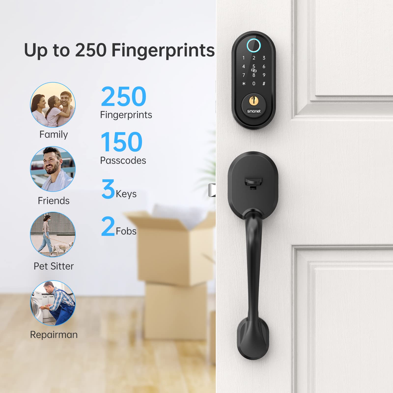 Smart Lock, SMONET Fingerprint Door Lock Smart Deadbolt Keyless Entry - Electronic Digital Keypad with Biometric Fingerprint, Smartphone App Auto Lock Bluetooth Keys Fobs Smartlock for Alexa, Home