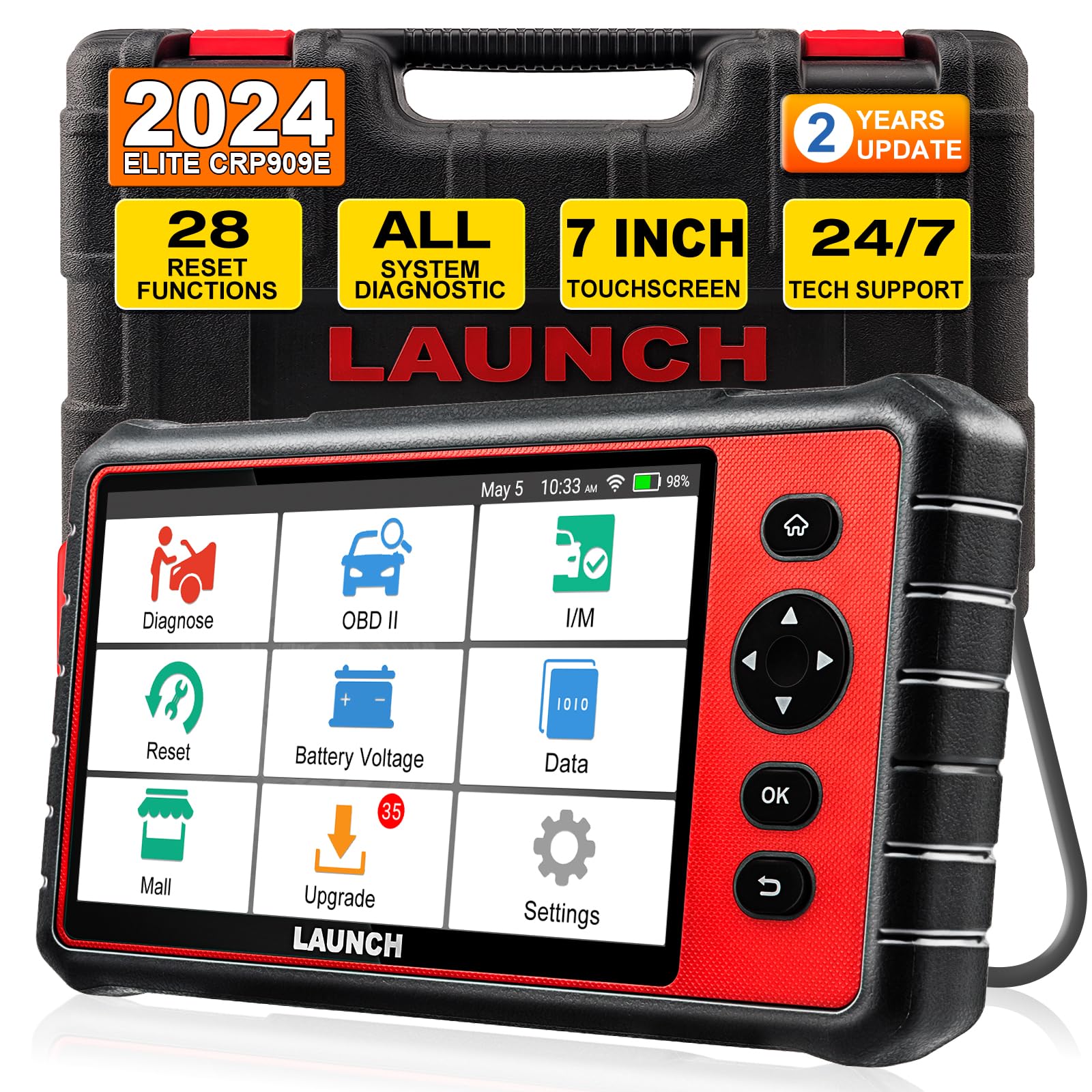 LAUNCH CRP909E Elite Full System OBD2 Scanner,2024 OE-Level Car Diagnostic Scan Tool,28+ Reset Service,TPMS,SAS,DPF,ABS Bleeding,2 Years Free Update