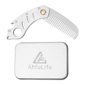 AhfuLife Stainless Steel Metal Hair & Beard Comb, Multifunctional Folding EDC Pocket Comb With Bottle Opener Fits In Keychain - Anti-Static Hair & Beard Care Comb Mustache Comb - Presented in Gift Box