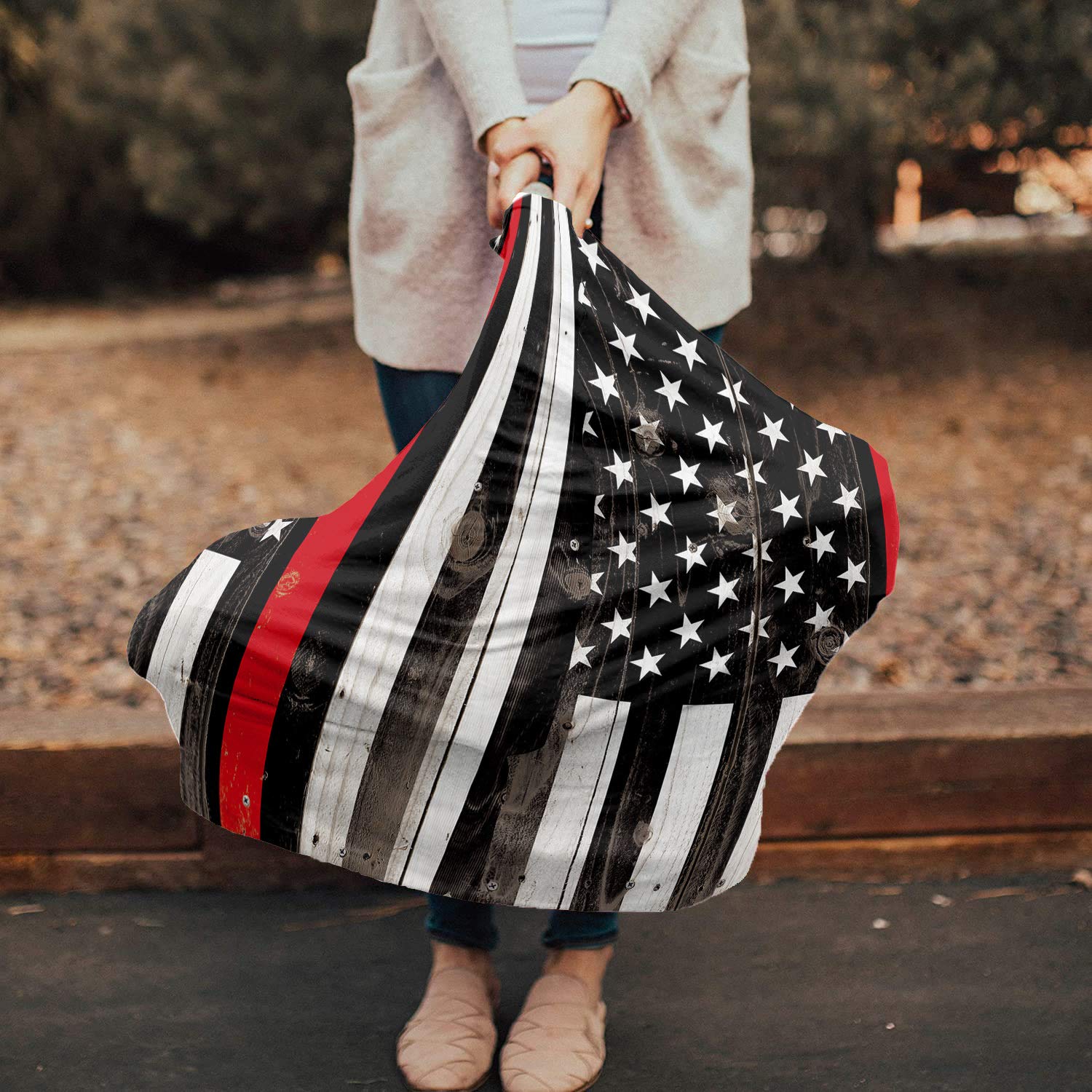 Breastfeeding Nursing Cover Multi Use for Baby Car Seat USA Flag, Thin Red Line Firefighter Respect Stretchy Breathable Scarf Shawl for Stroller High Chair - Shopping Cart Canopy for Boys Girls