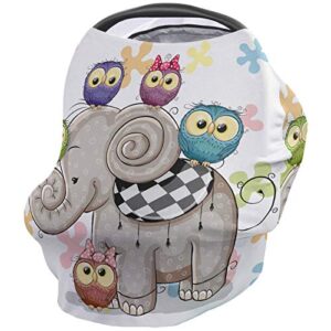 breastfeeding nursing cover multi use for baby car seat elephant, happy owl cute elephant patten stretchy breathable scarf shawl for stroller high chair/shopping cart canopy